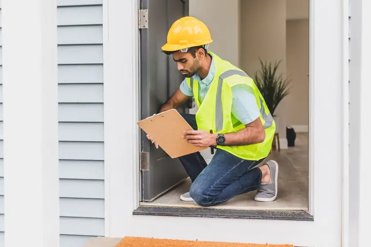Inspector kneeling at a doorway with a clipboard