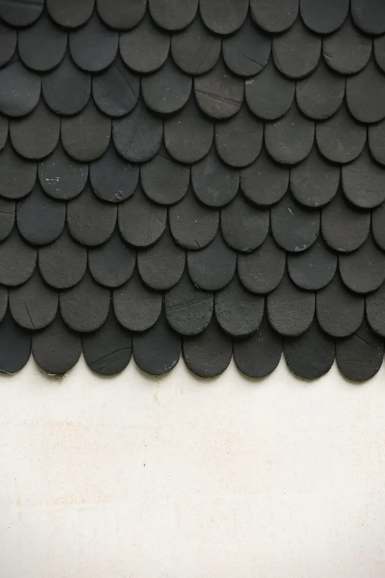 Rows of dark scalloped roof shingles