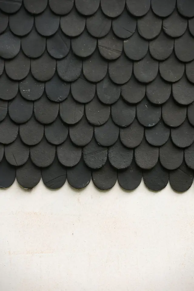 Rows of dark scalloped roof shingles